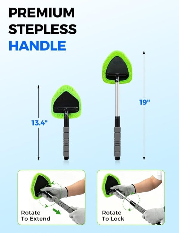 Windshield Cleaner Tool – Car Interior Window Cleaning Kit with Extendable Handle & 4 Microfiber Pads