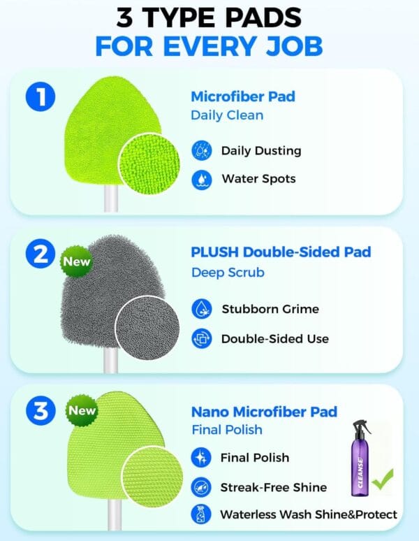 Windshield Cleaner Tool – Car Interior Window Cleaning Kit with Extendable Handle & 4 Microfiber Pads