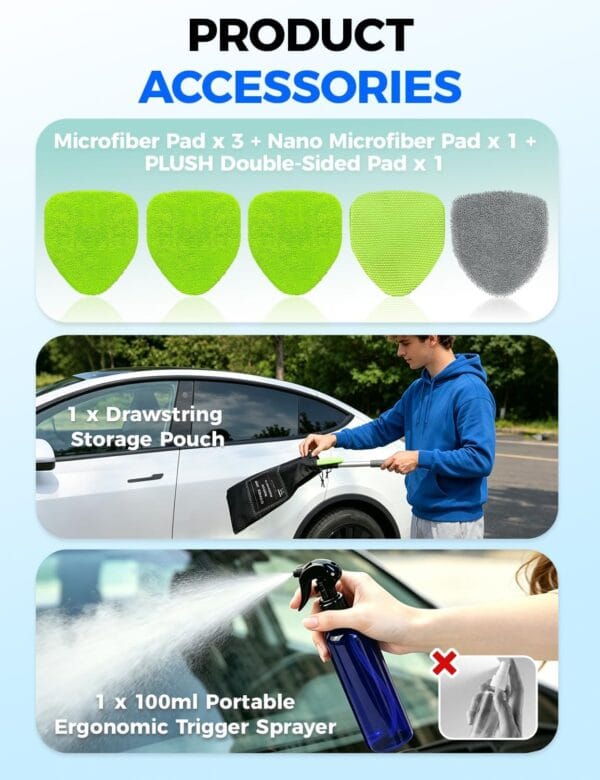Windshield Cleaner Tool – Car Interior Window Cleaning Kit with Extendable Handle & 4 Microfiber Pads