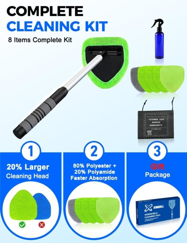 Windshield Cleaner Tool – Car Interior Window Cleaning Kit with Extendable Handle & 4 Microfiber Pads