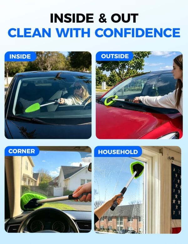 Windshield Cleaner Tool – Car Interior Window Cleaning Kit with Extendable Handle & 4 Microfiber Pads