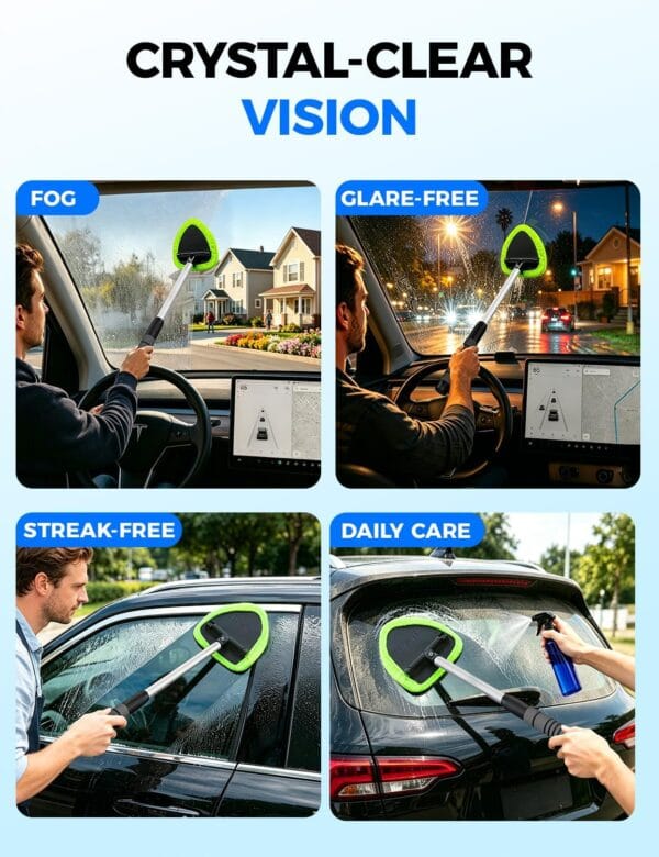 Windshield Cleaner Tool – Car Interior Window Cleaning Kit with Extendable Handle & 4 Microfiber Pads